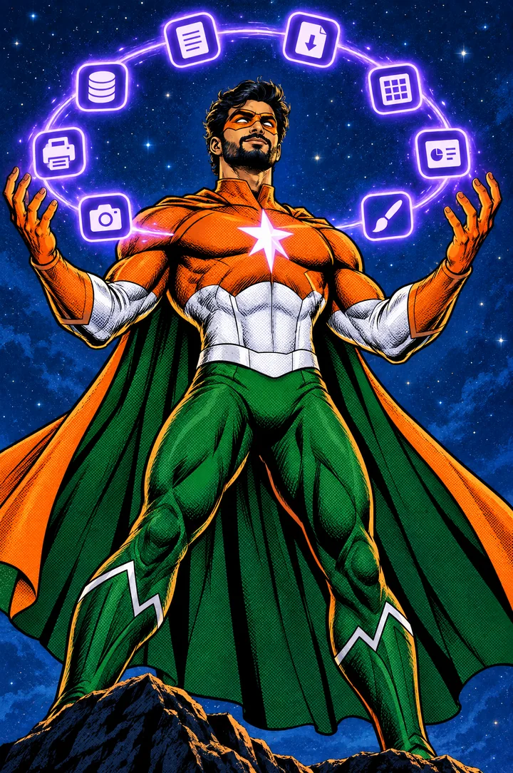 Vyom in his saffron, white and green suit, arms raised, with the tools of Ashtadeep's apps circling above him